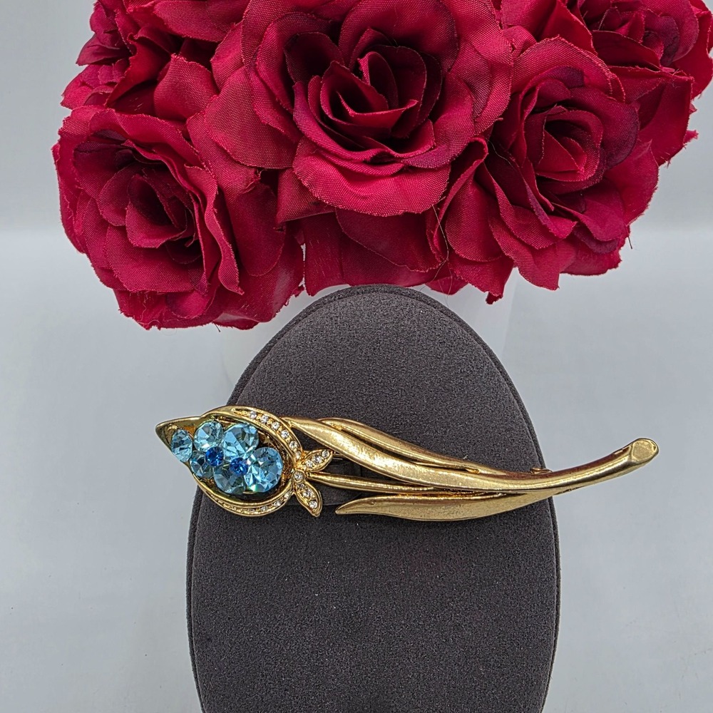 Vintage Austria Blue‎ Rhinestone Floral Spray Gold Tone Tulip Brooch Mid Century